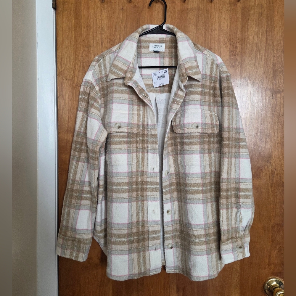 American Eagle Outfitters Women's Checkered Teddy Jacket - Cream and Pink
